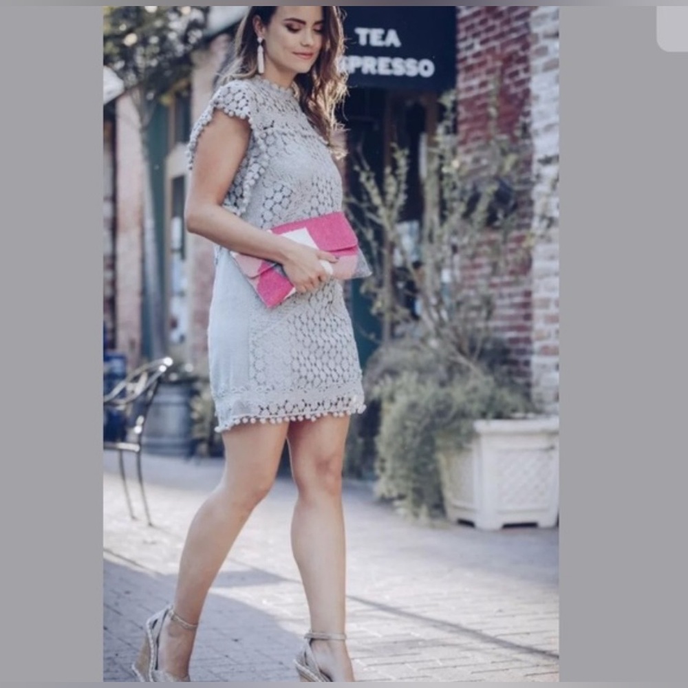 Tularosa Clayton lace crochet pom-pom trims mini dress in mint.